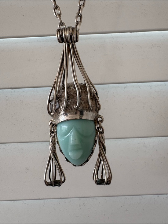 Vintage Jewelry - Vintage Silver Pendant Necklace with Mint Green Face